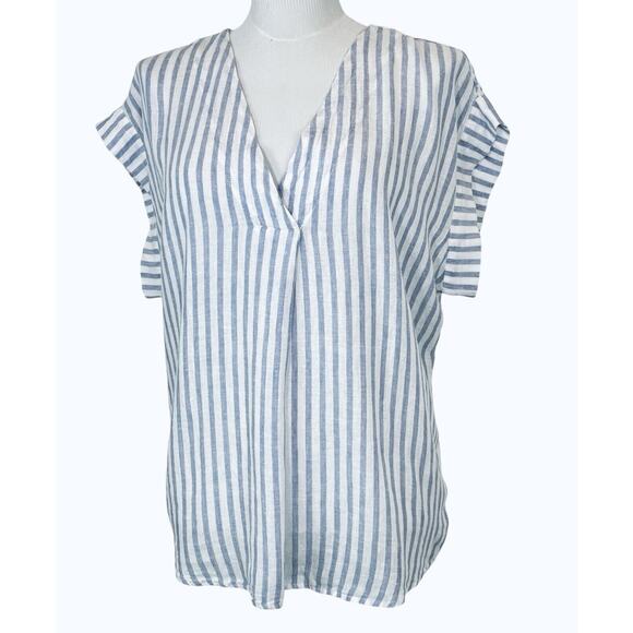 RAILS Short Sleeve Sz L Nala linen blend blue iris stripe Lightweight Nautical - Picture 9 of 13